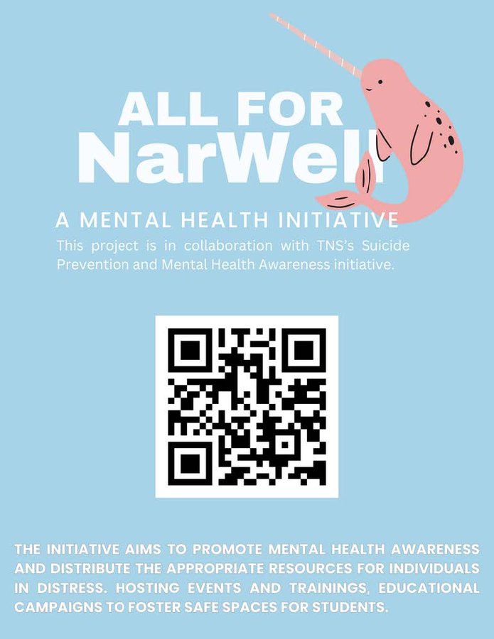 All For NarWell mental health initiative flyer with narwhal illustration