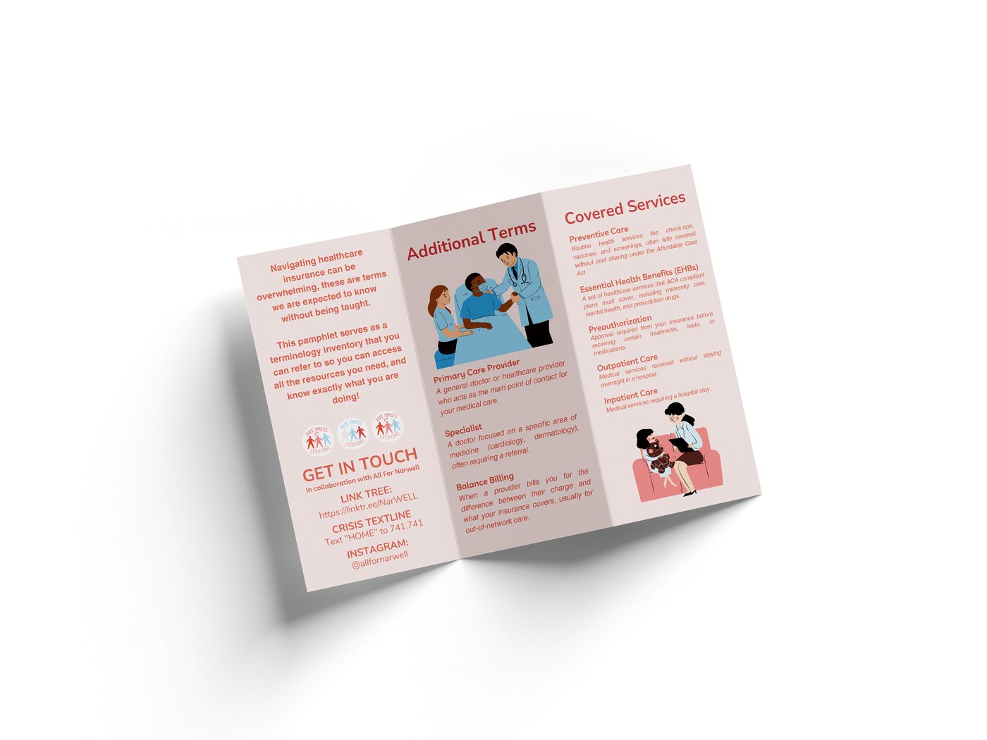Health insurance terminology glossary trifold pamphlet, back panel mockup