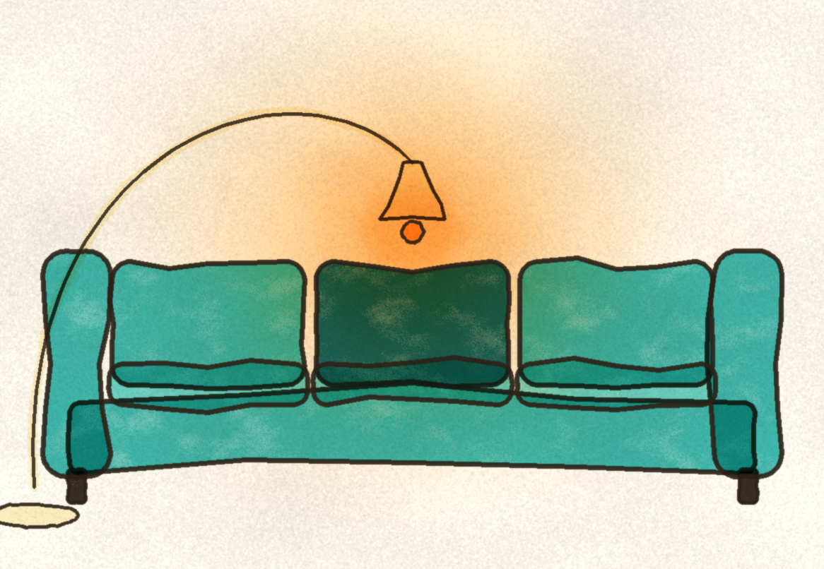 The Middle Seat logo: a hand-drawn illustration of a wide turquoise three-seat couch with the middle cushion in a darker teal, and a warm-lit arc floor lamp glowing above it