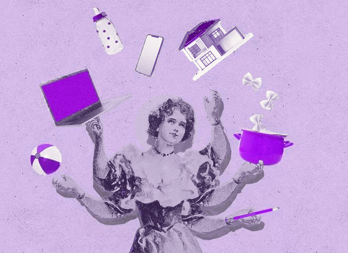 Women at Work logo: a vintage photo-collage illustration of a many-armed woman in a flowing dress on a light purple background, juggling a baby bottle, phone, house, laptop, pot of pasta, beach ball, and pencil, with purple and cream accents